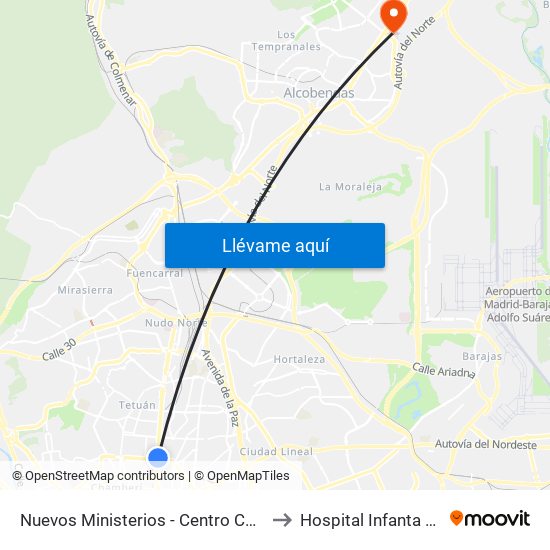 Nuevos Ministerios - Centro Comercial to Hospital Infanta Sofía. map