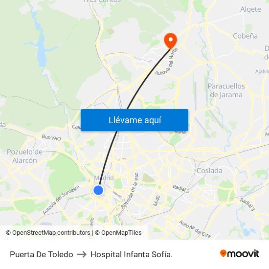 Puerta De Toledo to Hospital Infanta Sofía. map