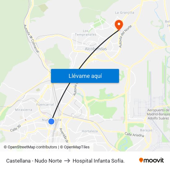 Castellana - Nudo Norte to Hospital Infanta Sofía. map