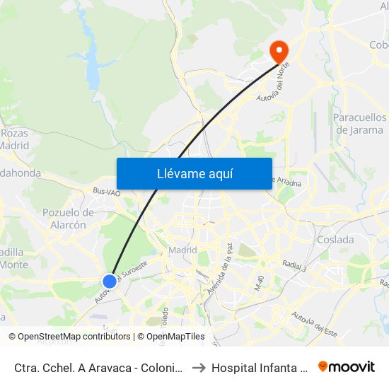 Ctra. Cchel. A Aravaca - Colonia Jardín to Hospital Infanta Sofía. map