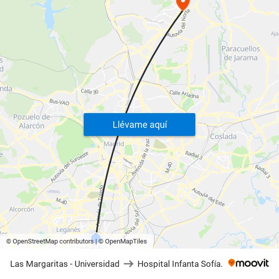 Las Margaritas - Universidad to Hospital Infanta Sofía. map