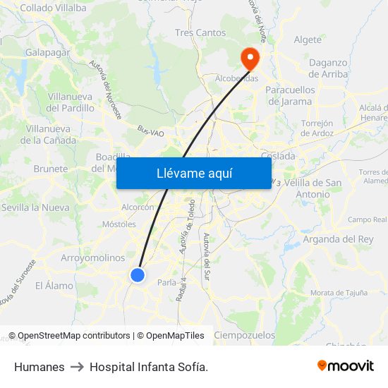 Humanes to Hospital Infanta Sofía. map