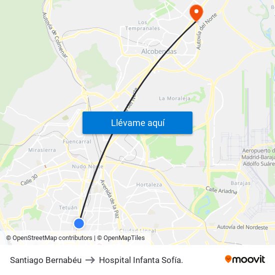 Santiago Bernabéu to Hospital Infanta Sofía. map