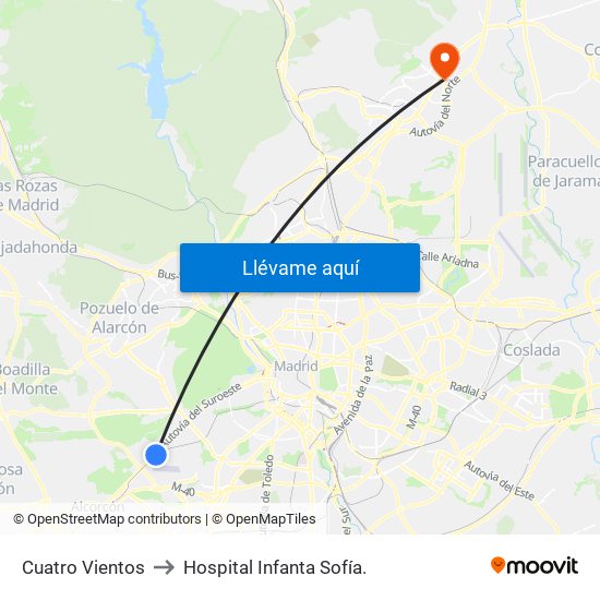 Cuatro Vientos to Hospital Infanta Sofía. map