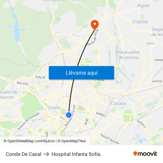 Conde De Casal to Hospital Infanta Sofía. map