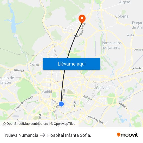 Nueva Numancia to Hospital Infanta Sofía. map