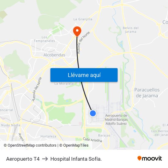 Aeropuerto T4 to Hospital Infanta Sofía. map