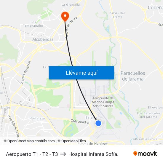 Aeropuerto T1 - T2 - T3 to Hospital Infanta Sofía. map