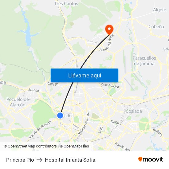 Príncipe Pío to Hospital Infanta Sofía. map