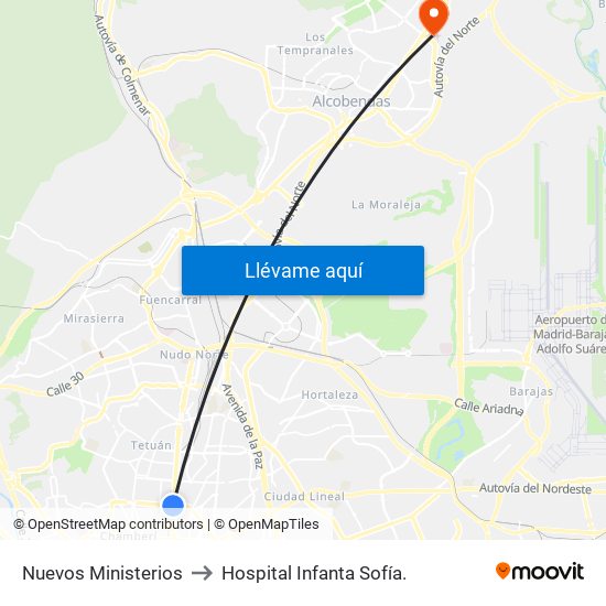 Nuevos Ministerios to Hospital Infanta Sofía. map