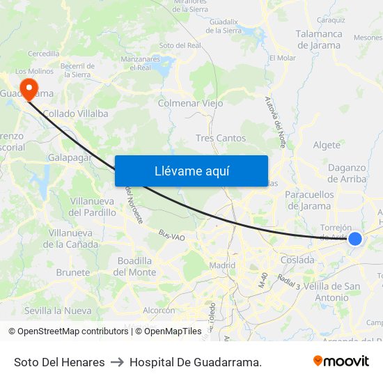 Soto Del Henares to Hospital De Guadarrama. map