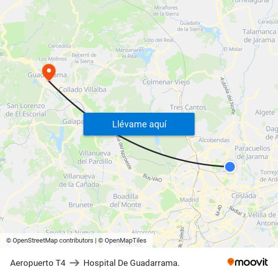 Aeropuerto T4 to Hospital De Guadarrama. map