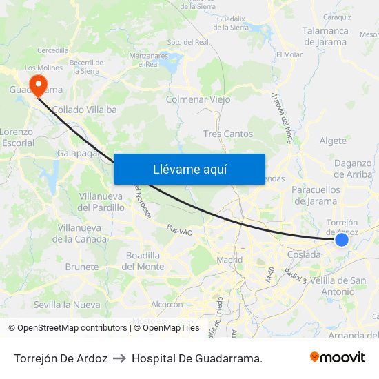 Torrejón De Ardoz to Hospital De Guadarrama. map