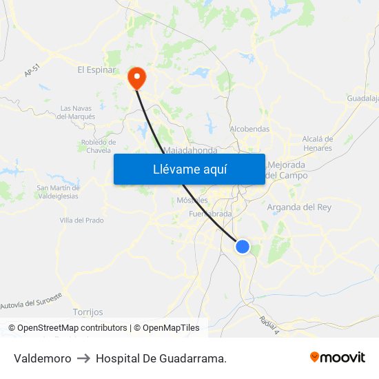 Valdemoro to Hospital De Guadarrama. map