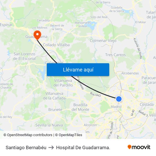 Santiago Bernabéu to Hospital De Guadarrama. map