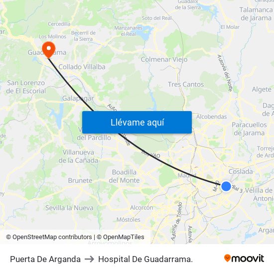 Puerta De Arganda to Hospital De Guadarrama. map