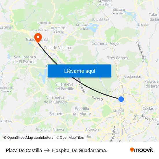 Plaza De Castilla to Hospital De Guadarrama. map