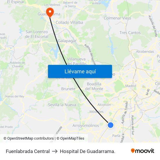 Fuenlabrada Central to Hospital De Guadarrama. map