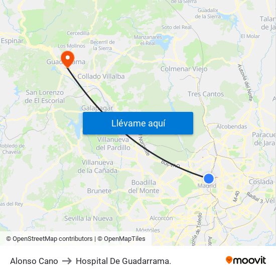 Alonso Cano to Hospital De Guadarrama. map