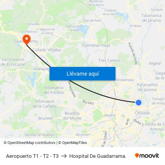 Aeropuerto T1 - T2 - T3 to Hospital De Guadarrama. map