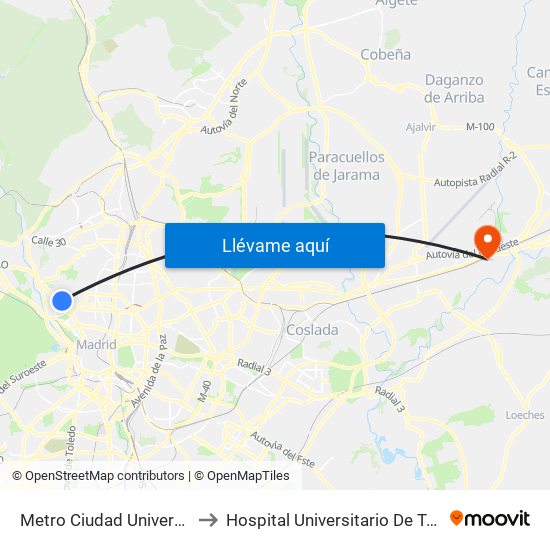 Metro Ciudad Universitaria to Hospital Universitario De Torrejón map