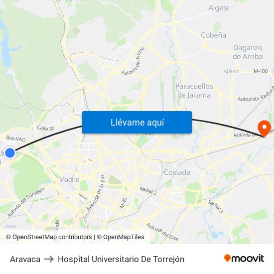 Aravaca to Hospital Universitario De Torrejón map