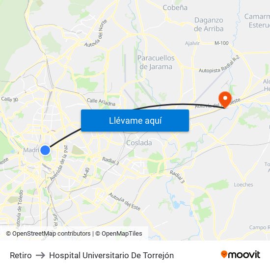 Retiro to Hospital Universitario De Torrejón map