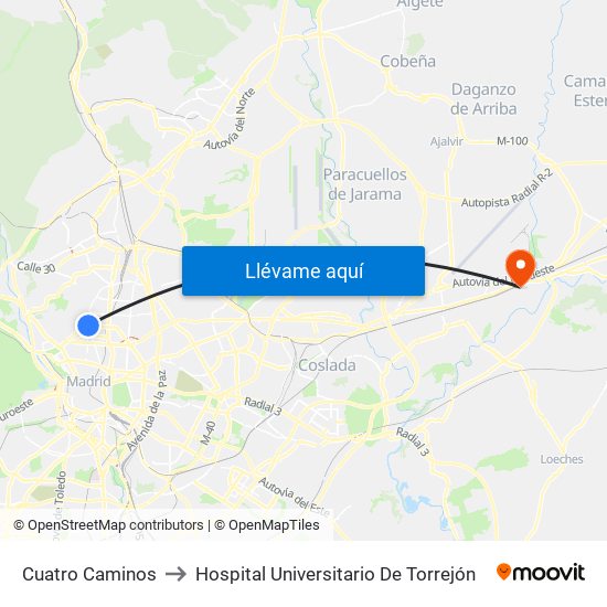 Cuatro Caminos to Hospital Universitario De Torrejón map