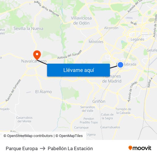 Parque Europa to Pabellón La Estación map