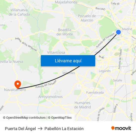 Puerta Del Ángel to Pabellón La Estación map