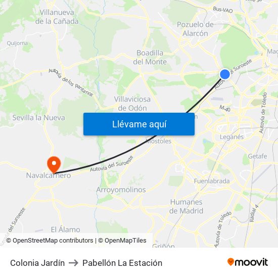 Colonia Jardín to Pabellón La Estación map