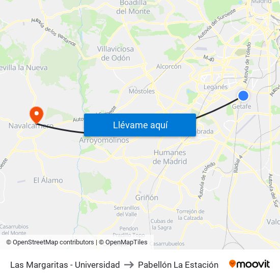 Las Margaritas - Universidad to Pabellón La Estación map