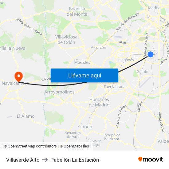 Villaverde Alto to Pabellón La Estación map