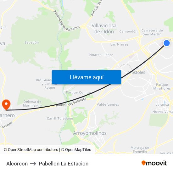 Alcorcón to Pabellón La Estación map