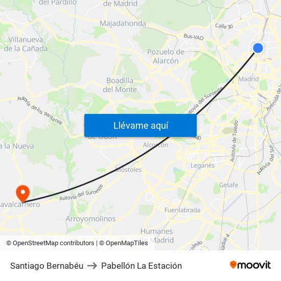 Santiago Bernabéu to Pabellón La Estación map