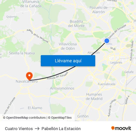 Cuatro Vientos to Pabellón La Estación map
