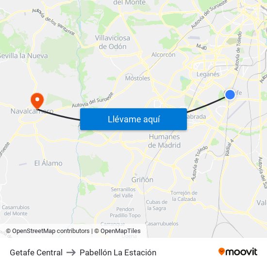Getafe Central to Pabellón La Estación map