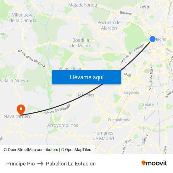 Príncipe Pío to Pabellón La Estación map