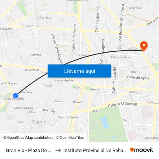 Gran Vía - Plaza De España to Instituto Provincial De Rehabilitación map