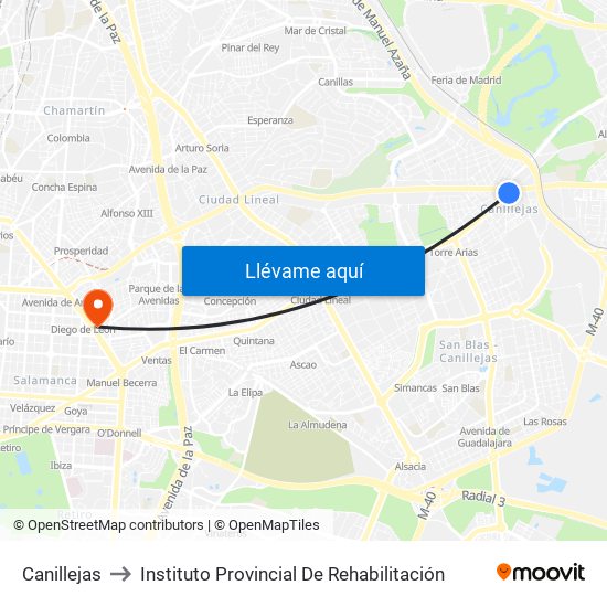 Canillejas to Instituto Provincial De Rehabilitación map
