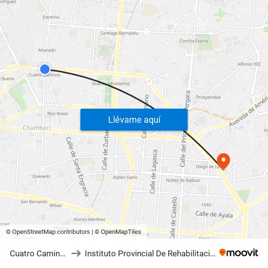Cuatro Caminos to Instituto Provincial De Rehabilitación map