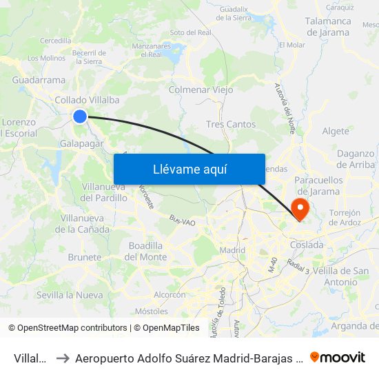 Villalba to Aeropuerto Adolfo Suárez Madrid-Barajas T2 map