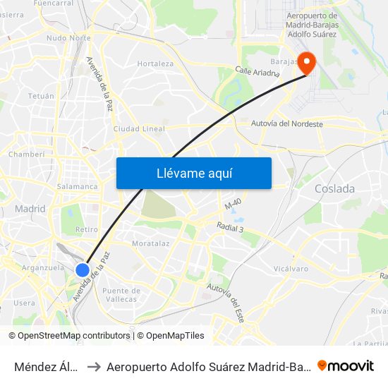 Méndez Álvaro to Aeropuerto Adolfo Suárez Madrid-Barajas T2 map