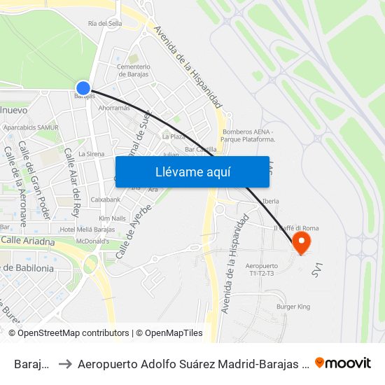 Barajas to Aeropuerto Adolfo Suárez Madrid-Barajas T2 map