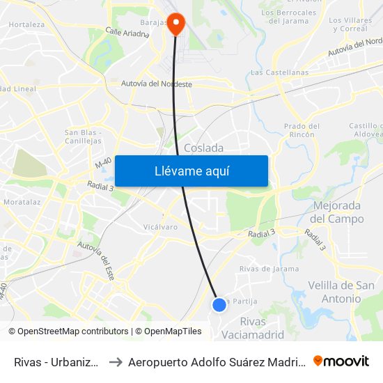 Rivas - Urbanizaciones to Aeropuerto Adolfo Suárez Madrid-Barajas T2 map