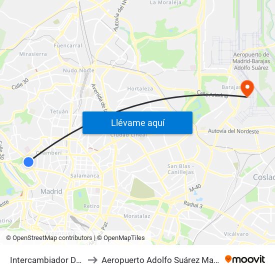 Intercambiador De Moncloa to Aeropuerto Adolfo Suárez Madrid-Barajas T2 map