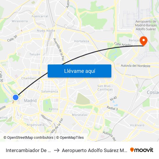 Intercambiador De Príncipe Pío to Aeropuerto Adolfo Suárez Madrid-Barajas T2 map