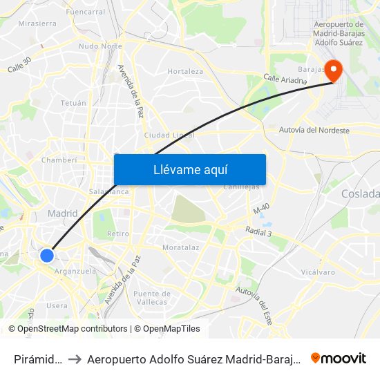 Pirámides to Aeropuerto Adolfo Suárez Madrid-Barajas T2 map