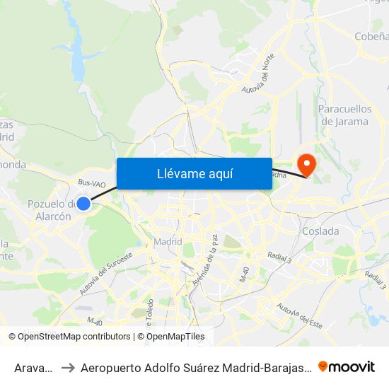 Aravaca to Aeropuerto Adolfo Suárez Madrid-Barajas T2 map