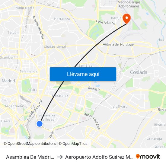 Asamblea De Madrid - Entrevías to Aeropuerto Adolfo Suárez Madrid-Barajas T2 map